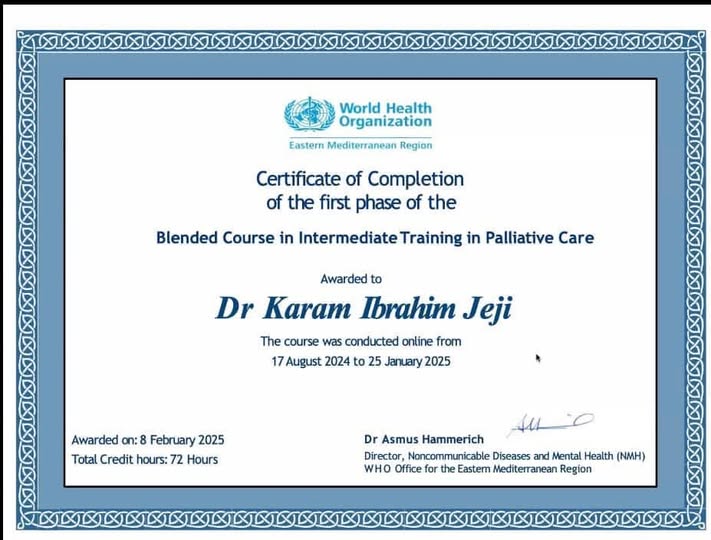 تهنئة للدكتور كرم جيجي بإتمام تدريب في الرعاية التلطيفية